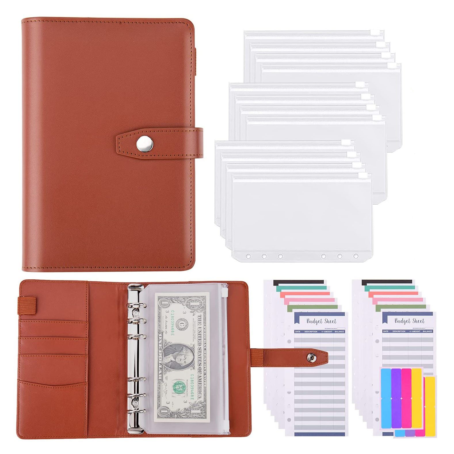 A6 PU Leather Budget Binder Organizer12PCS Budget Envelopes,12 Budget Sheets 2 Sticker Sheets Money Saving for Budgeting